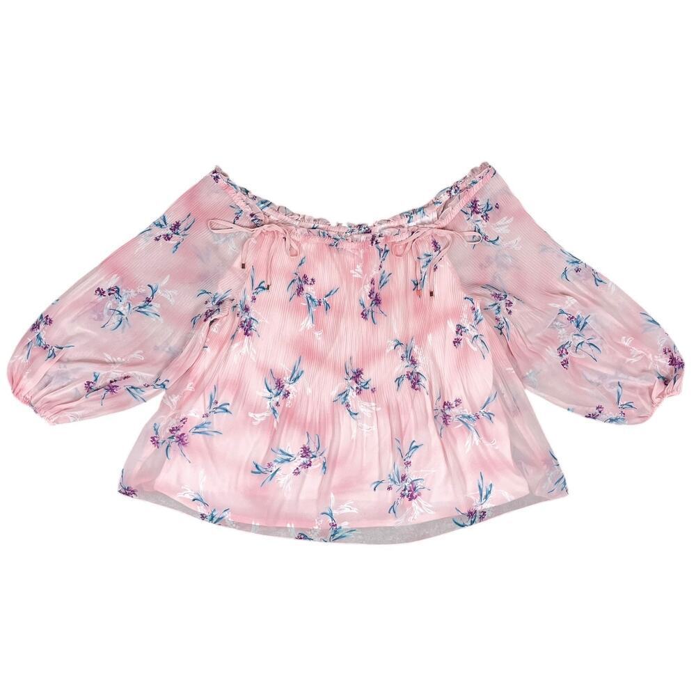 Lane Bryant Pink Floral Blouse Chiffon Overlay Off Shoulder Babydoll Size 22/24 - Picture 3 of 13